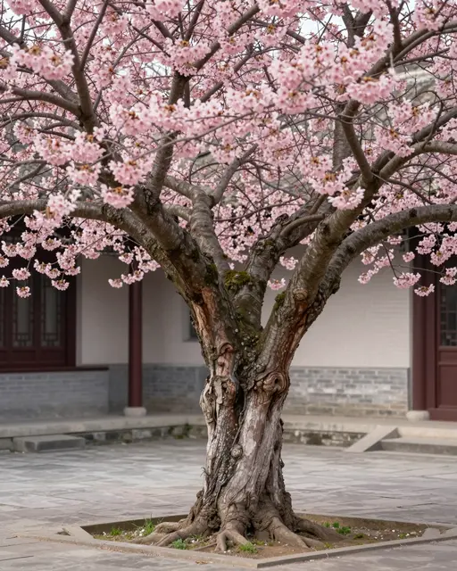 Gnarled blossoming cherry tree stands in a quiet stone courtyard with traditional building behind it