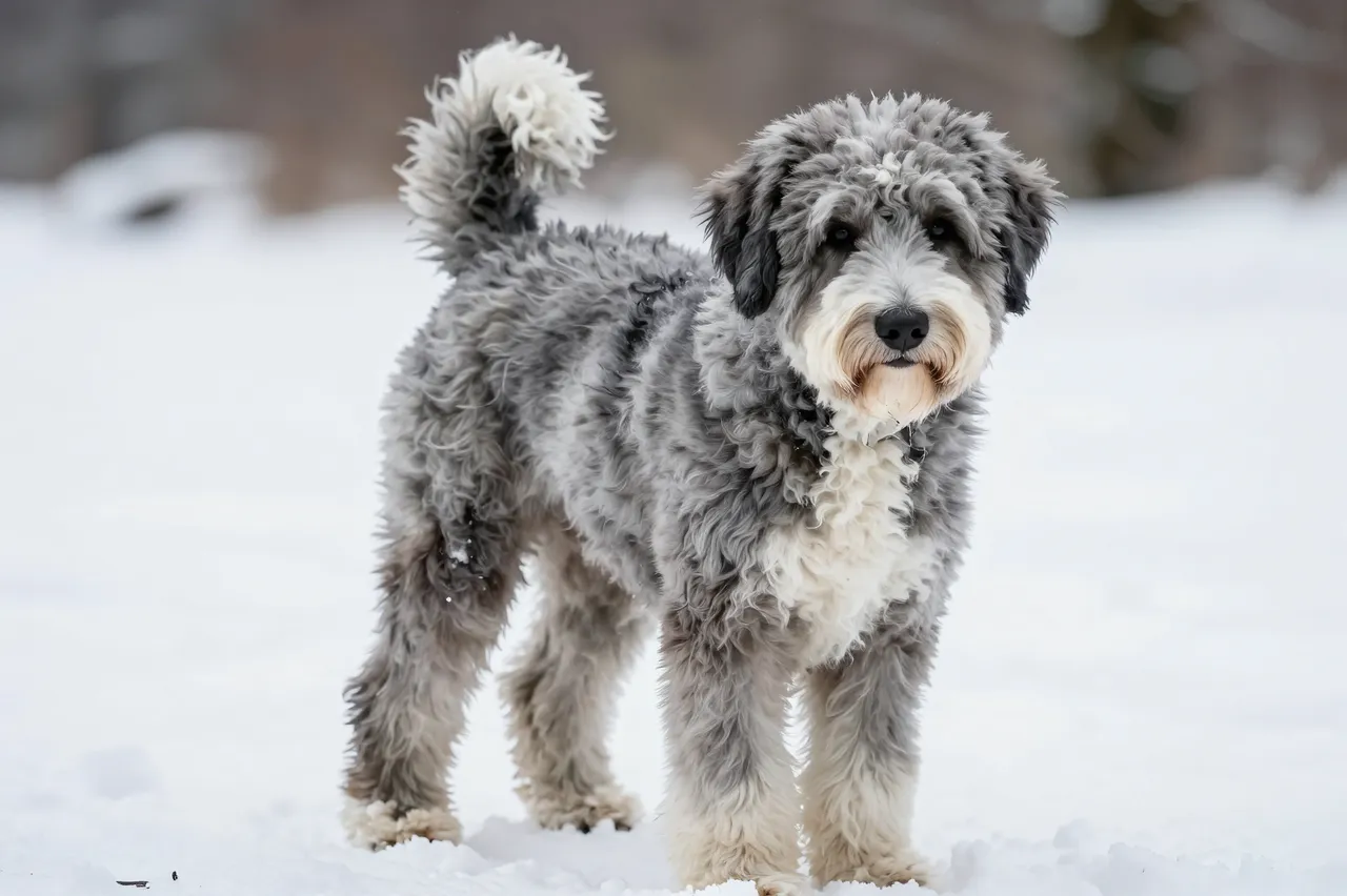 A fluffy gray and white Old English Sheepdog stands still on fresh winter snow looking at the camera