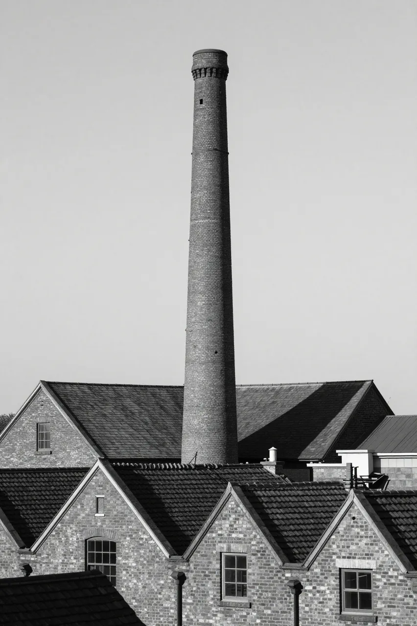 Black and white view of a tall brick factory chimney rising above rows of brick building roofs under an overcast sky