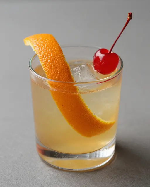 A classic old fashioned cocktail garnished with an orange peel and maraschino cherry sits on a neutral gray surface.