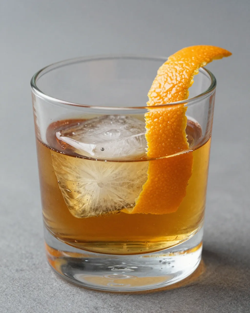 A rocks glass holds amber whiskey with a large clear ice cube and an orange peel twist garnish.
