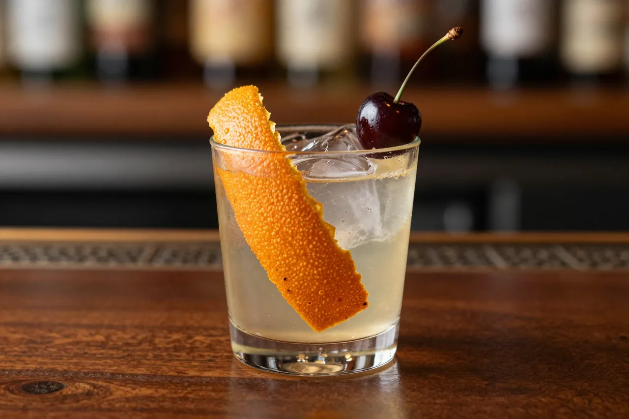 A cocktail garnished with orange peel and cherry sits on a dark wooden bar with blurred liquor bottles in the background