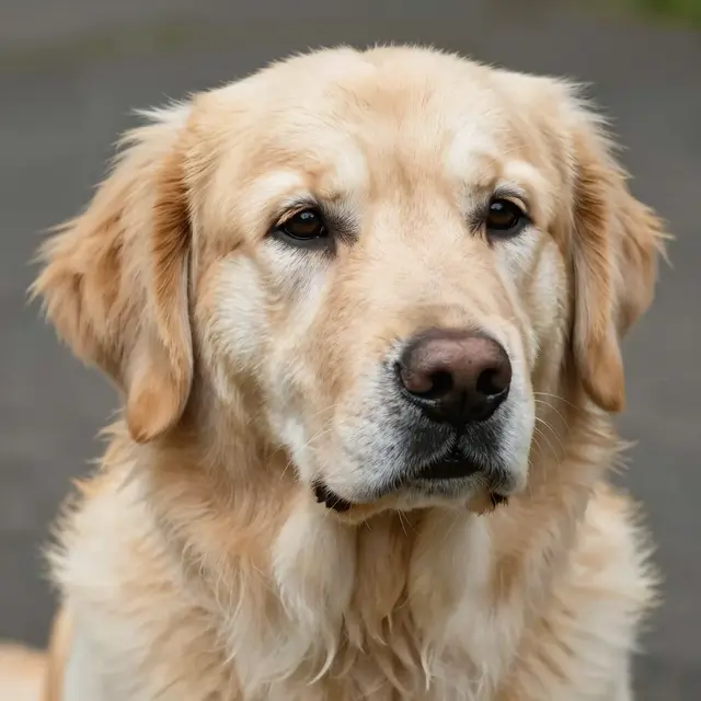 Close-up portrait of a gray-muzzled senior golden retriever looking gently at the camera