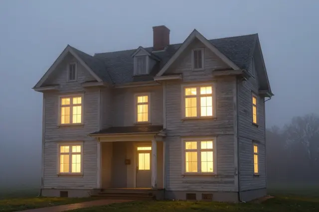 Weathered white wooden house with lit windows stands in thick fog after dark