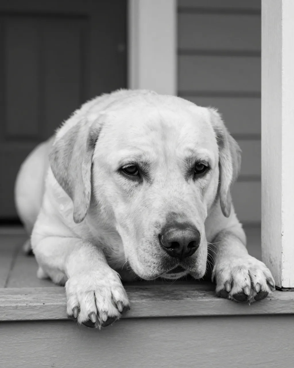 Black and white portrait of an older Labrador retriever resting its chin on a wooden porch step