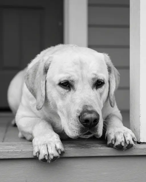 Black and white portrait of an older Labrador retriever resting its chin on a wooden porch step