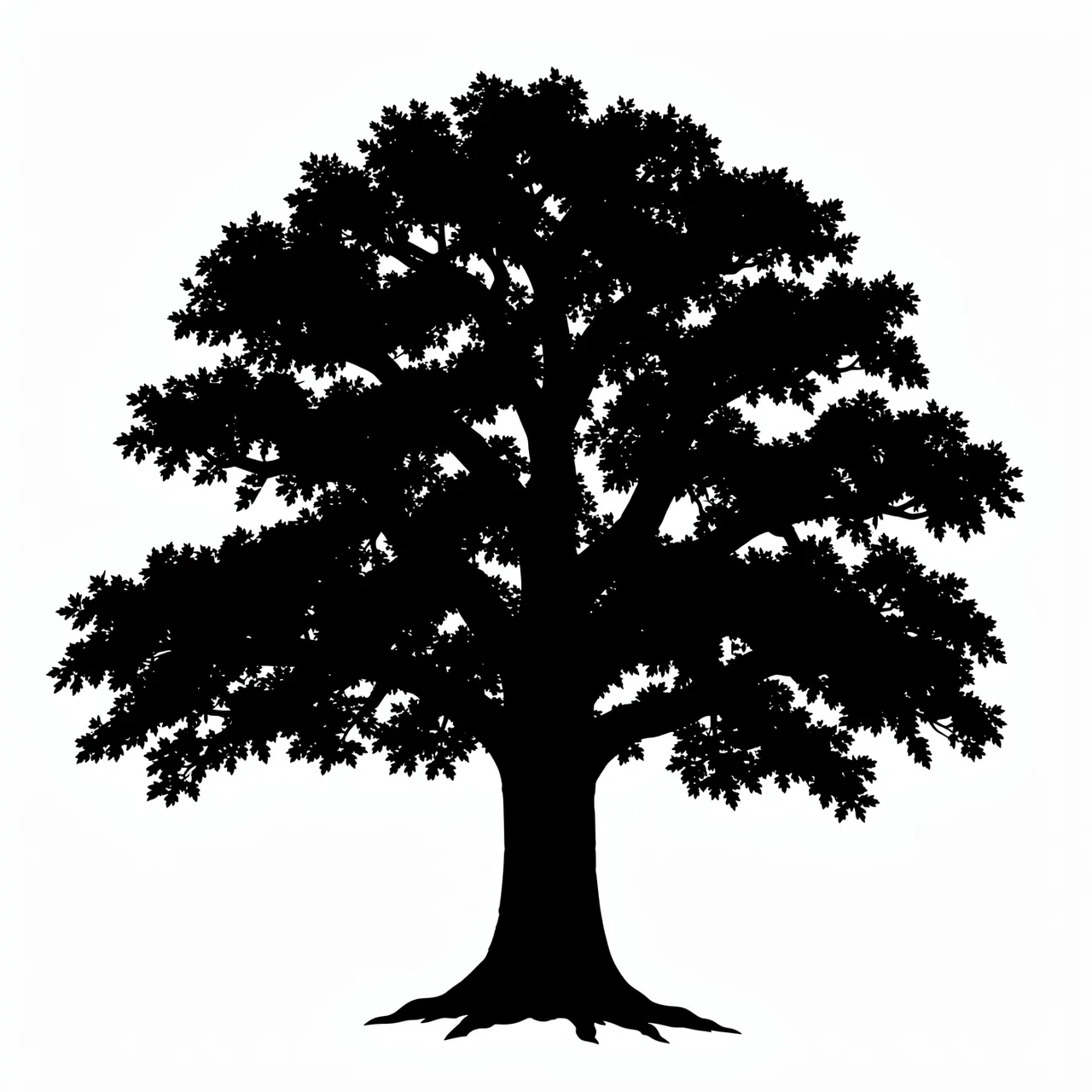 Solid black silhouette of a full leafy old oak tree centered on a plain white background
