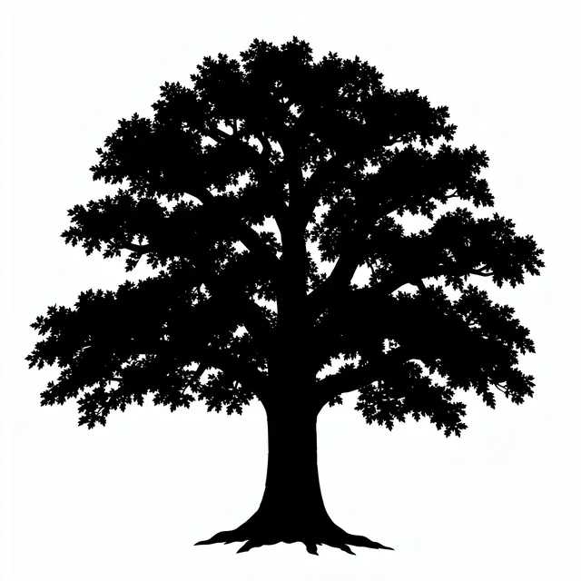 Solid black silhouette of a full leafy old oak tree centered on a plain white background