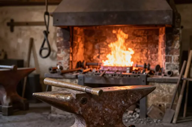 Rusted anvil with a hammer sits before a burning brick forge in a traditional blacksmith shop