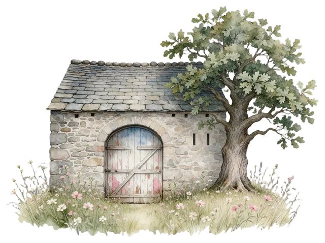 Watercolor painting of a weathered stone barn beside an oak tree surrounded by wildflowers