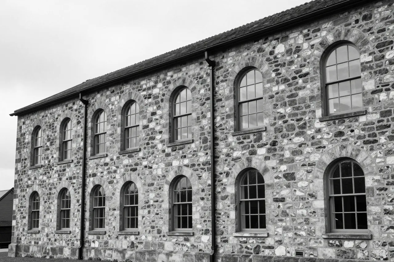 Black and white view of an old rough stone mill building with rows of arched windows under overcast light