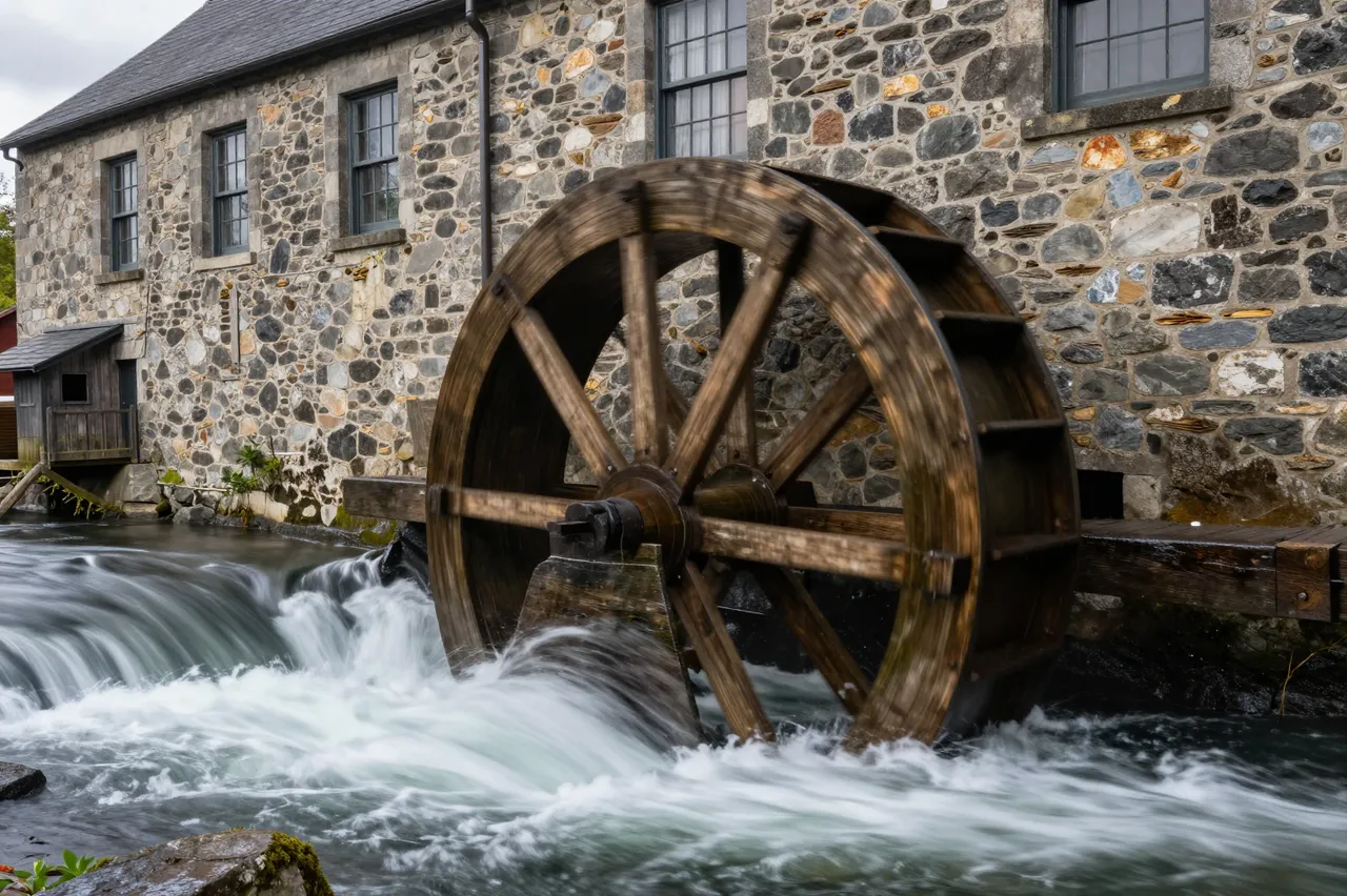 Long exposure view of a wooden waterwheel set in rushing mill race water beside a historic stone mill building