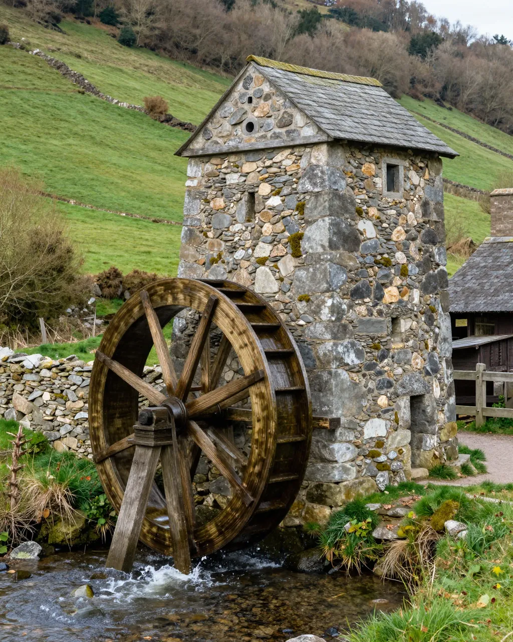 A rustic stone watermill with a large wooden water wheel sits beside a shallow stream in a grassy rural valley.