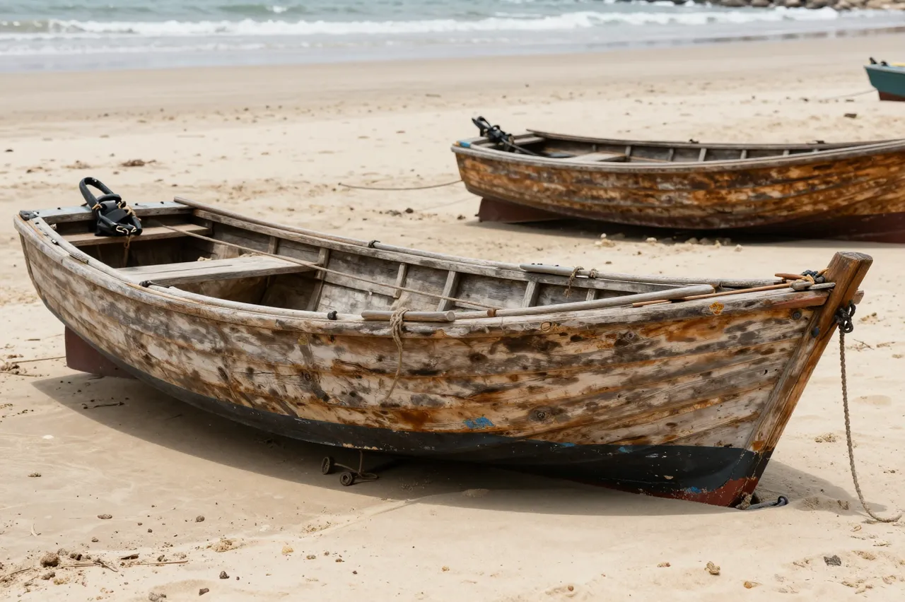 Weathered wooden fishing boats rest pulled up on a sandy shore with gentle ocean waves in the background.