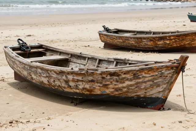 Weathered wooden fishing boats rest pulled up on a sandy shore with gentle ocean waves in the background.
