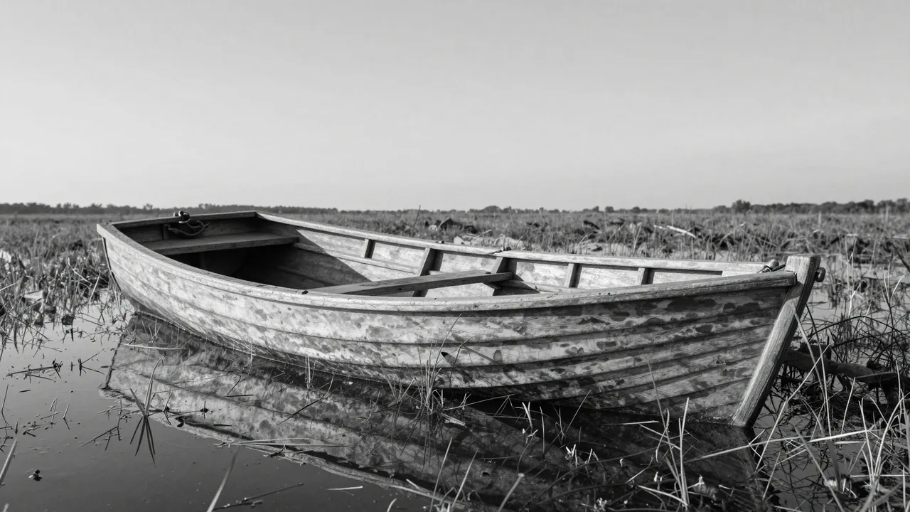 Weathered old wooden rowboat rests half submerged in a grassy flooded meadow under a pale sky in black and white