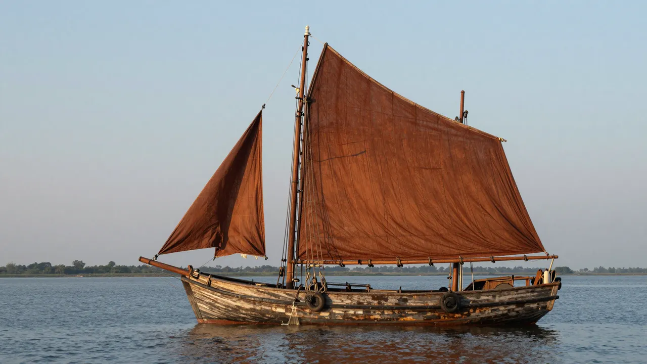 Weathered wooden sailing barge with rust-brown sails floats on calm estuary water at dusk