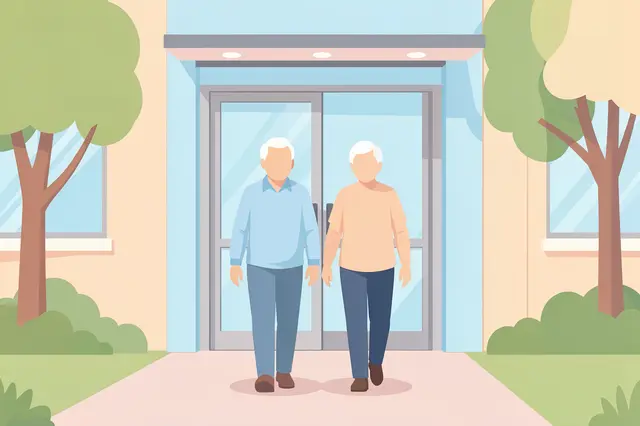 Two faceless older adults walk out of a clinic building entrance on a sunny pastel-toned day.