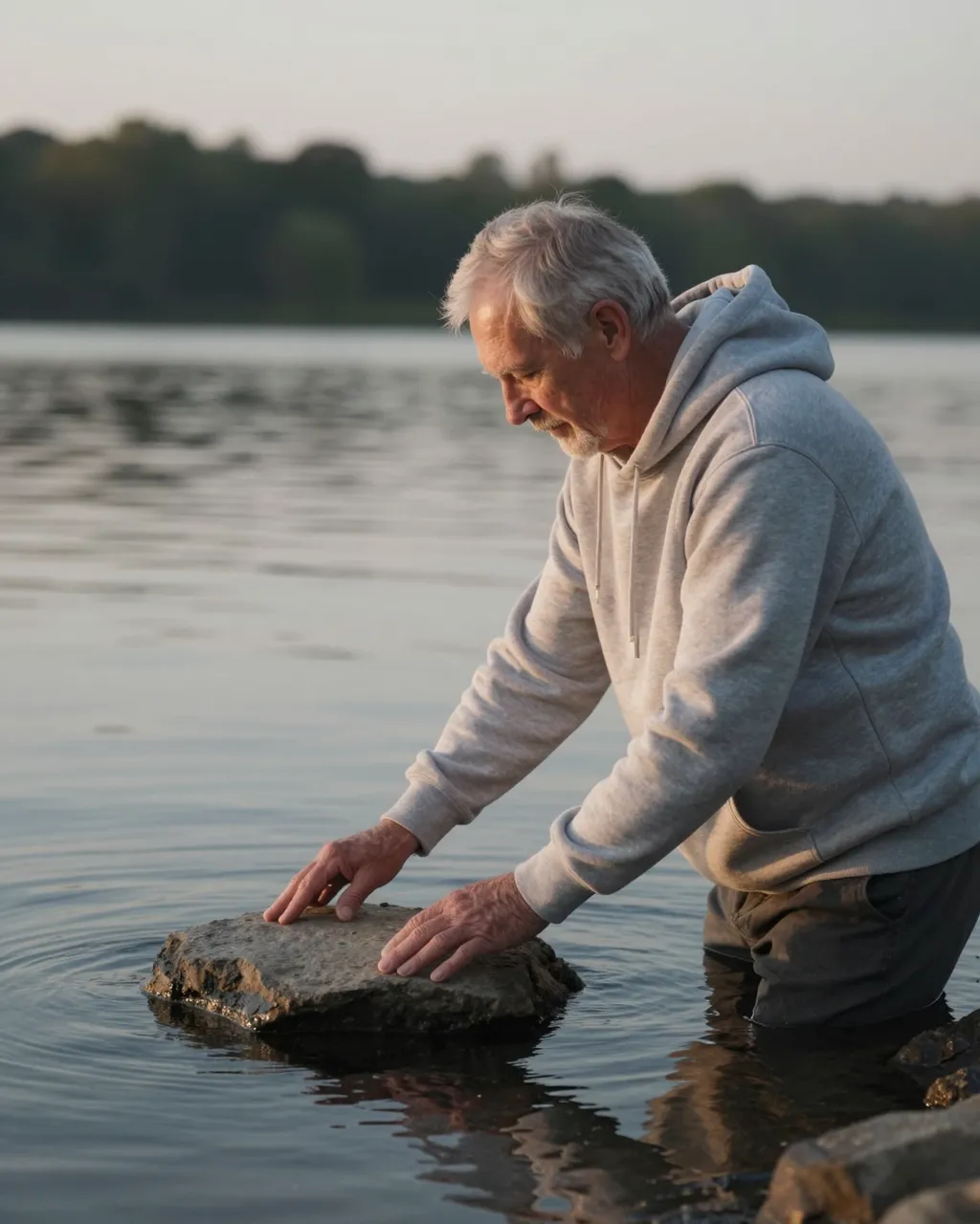 Senior man in a gray hoodie stands in shallow lake water resting his hands on a half-submerged rock at dusk