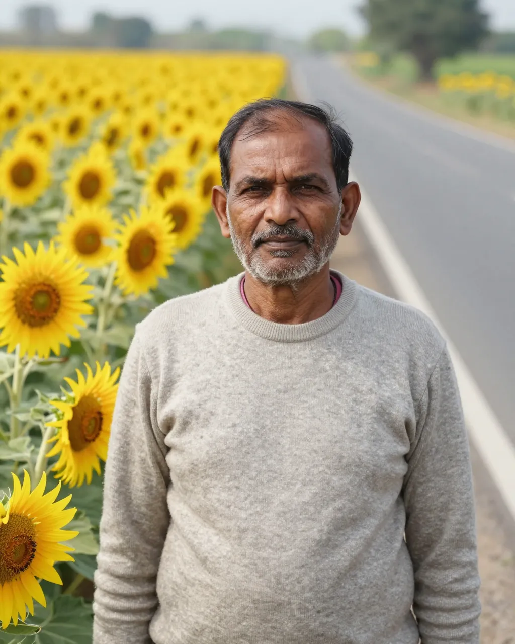 A senior South Asian man in a light sweater stands beside a country road next to a field of sunflowers.