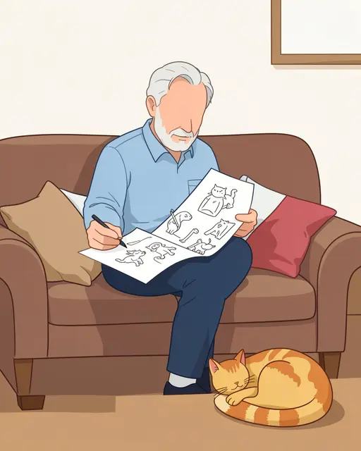 Faceless older man sits on a brown sofa reviewing paper sketches with a sleeping orange tabby cat nearby