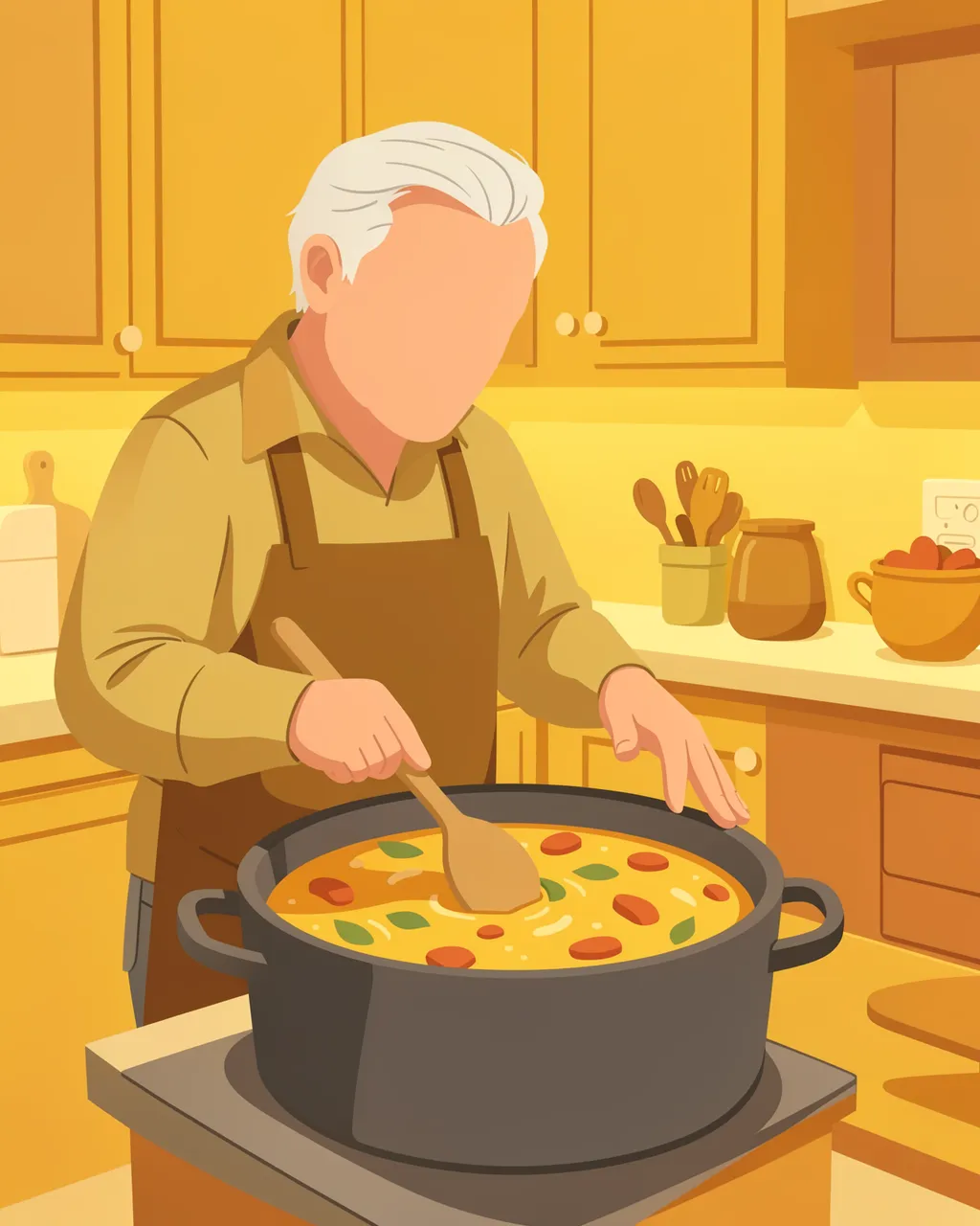 Faceless older man stirs a large pot of soup in a warm yellow cozy kitchen