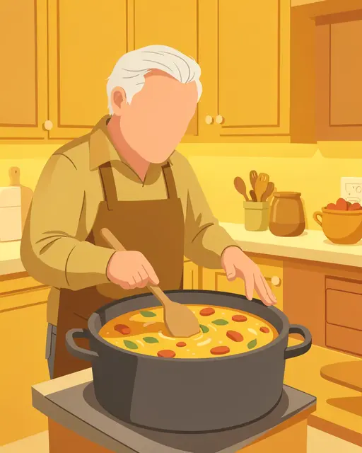 Faceless older man stirs a large pot of soup in a warm yellow cozy kitchen