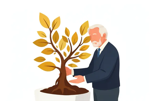 Faceless older businessman tending a potted tree with golden leaves to represent investment growth