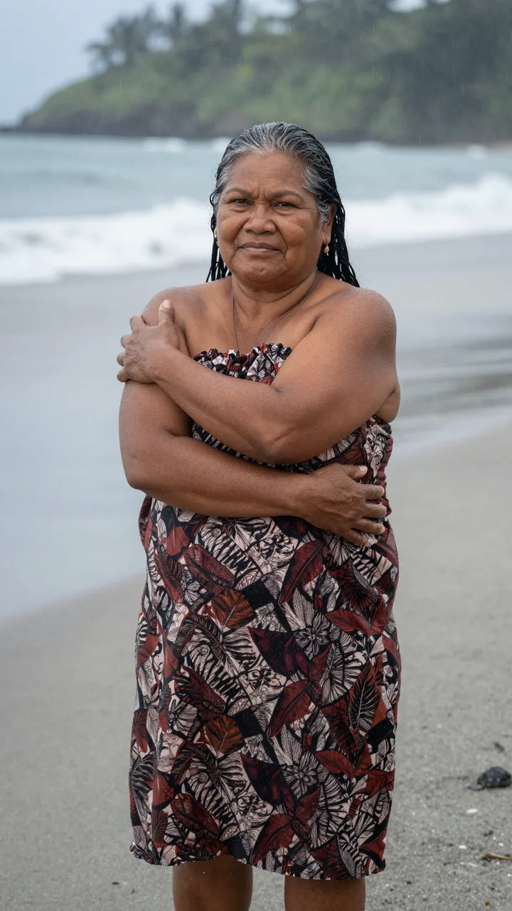 A mature Pacific Islander woman stands on a gray rainy beach with her arms wrapped around herself