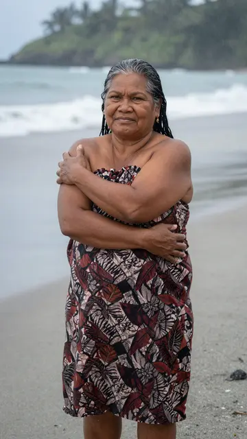 A mature Pacific Islander woman stands on a gray rainy beach with her arms wrapped around herself