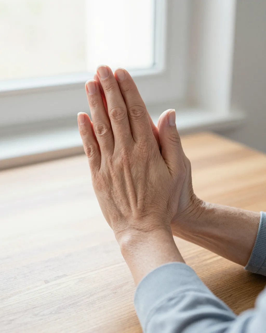 Wrinkled older adult hands held in prayer resting on a wooden table near a bright window