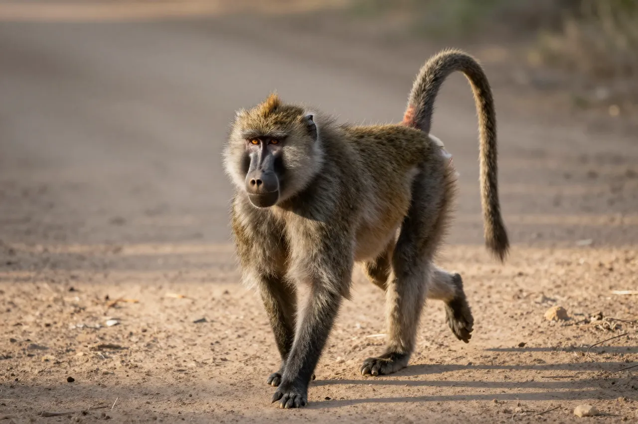 An olive baboon walks across a dirt track with an arched tail in warm morning light.