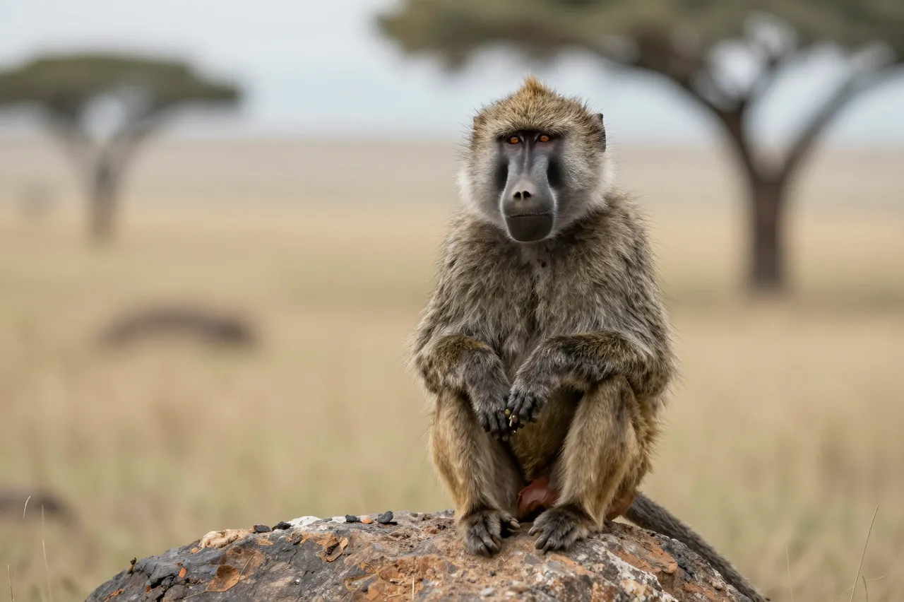 An olive baboon sits upright on a weathered rock overlooking open savanna grassland.