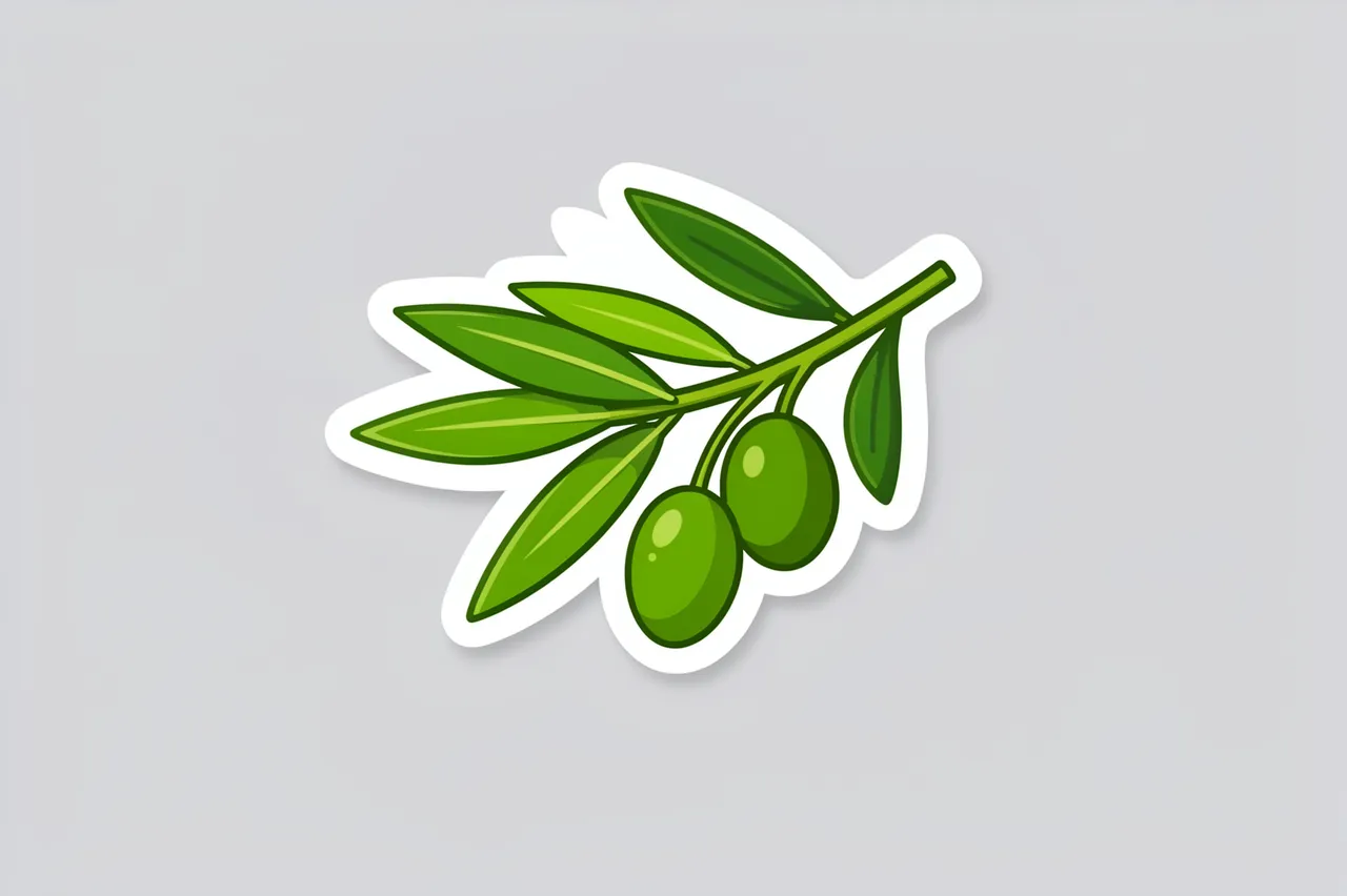 Cartoon olive branch sticker with thick white border rests on a light gray background