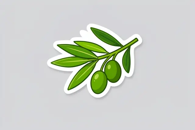 Cartoon olive branch sticker with thick white border rests on a light gray background