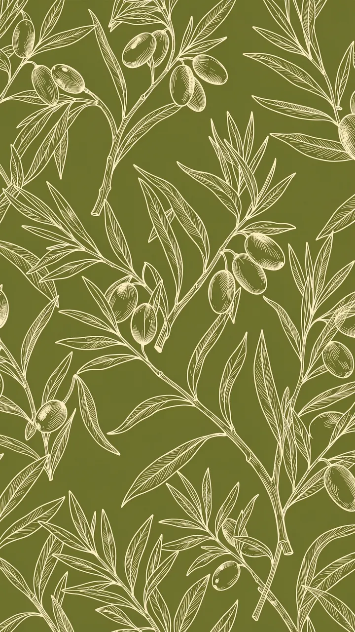 Cream line-drawn olive branches and olives repeat across a solid olive green vertical background