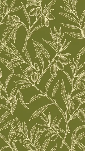 Cream line-drawn olive branches and olives repeat across a solid olive green vertical background