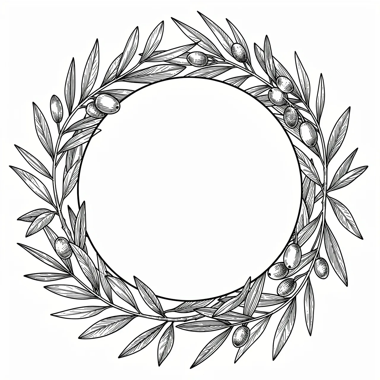 Fine black ink line art circular frame of olive branches surrounding an empty white center circle