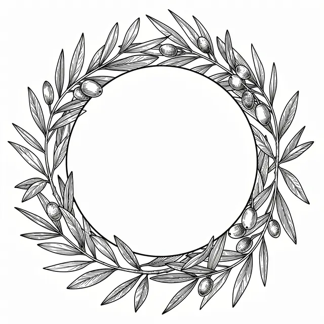 Fine black ink line art circular frame of olive branches surrounding an empty white center circle