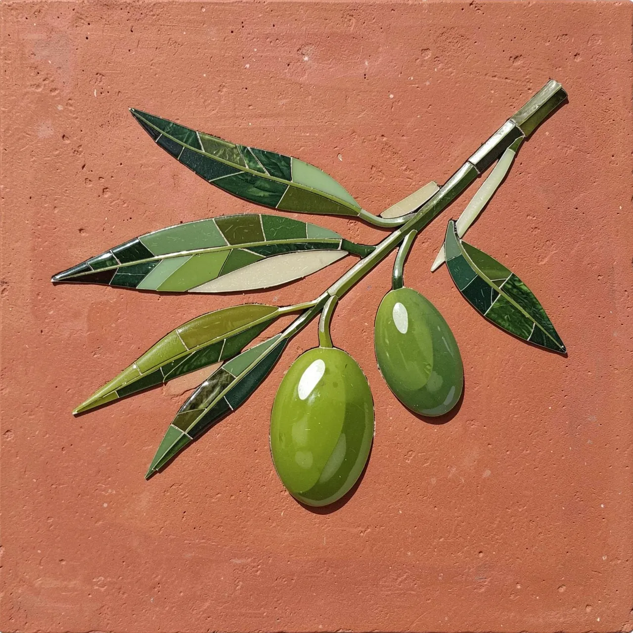 Mosaic tile artwork of an olive branch with green olives set against textured terracotta ground