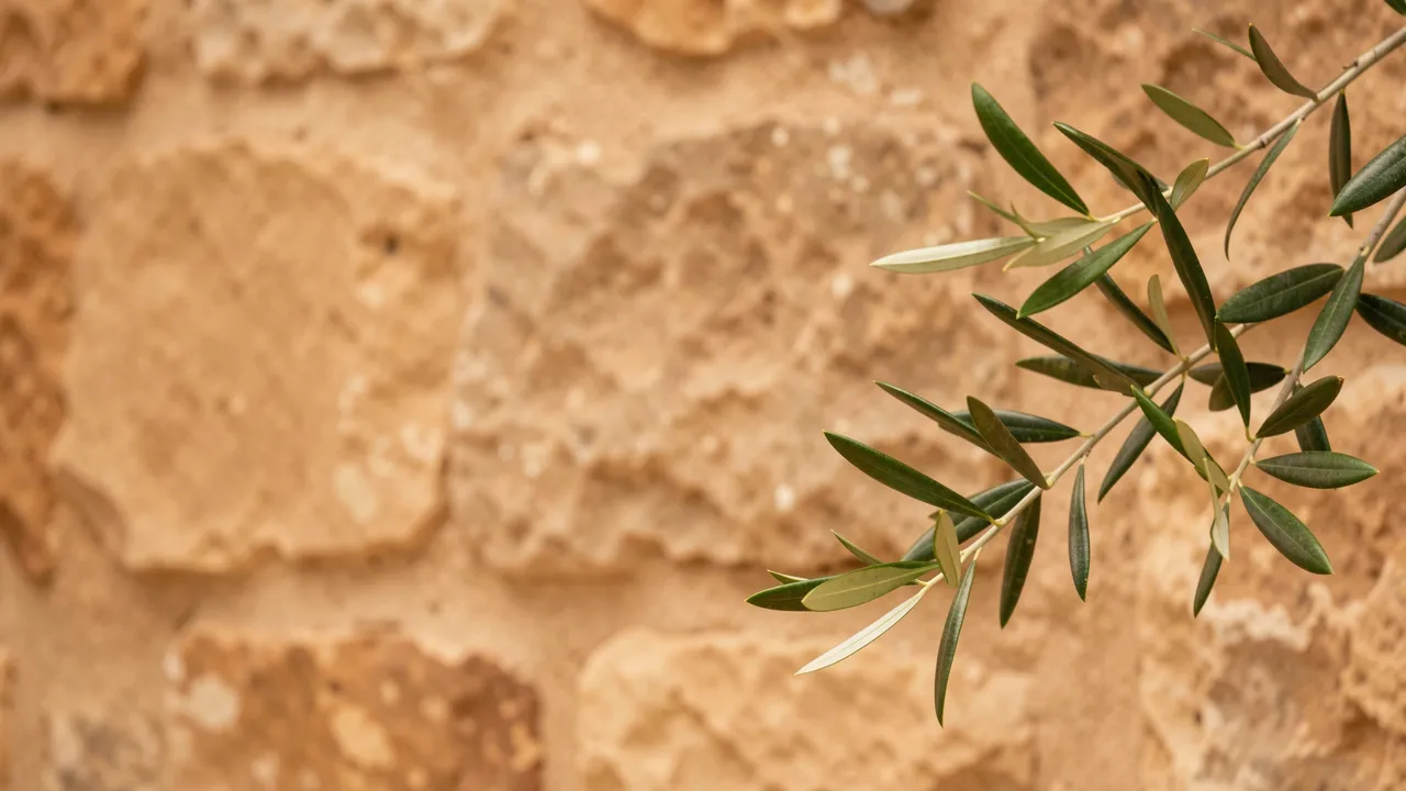 Olive branch extends from the right over warm weathered stone with empty left copy space
