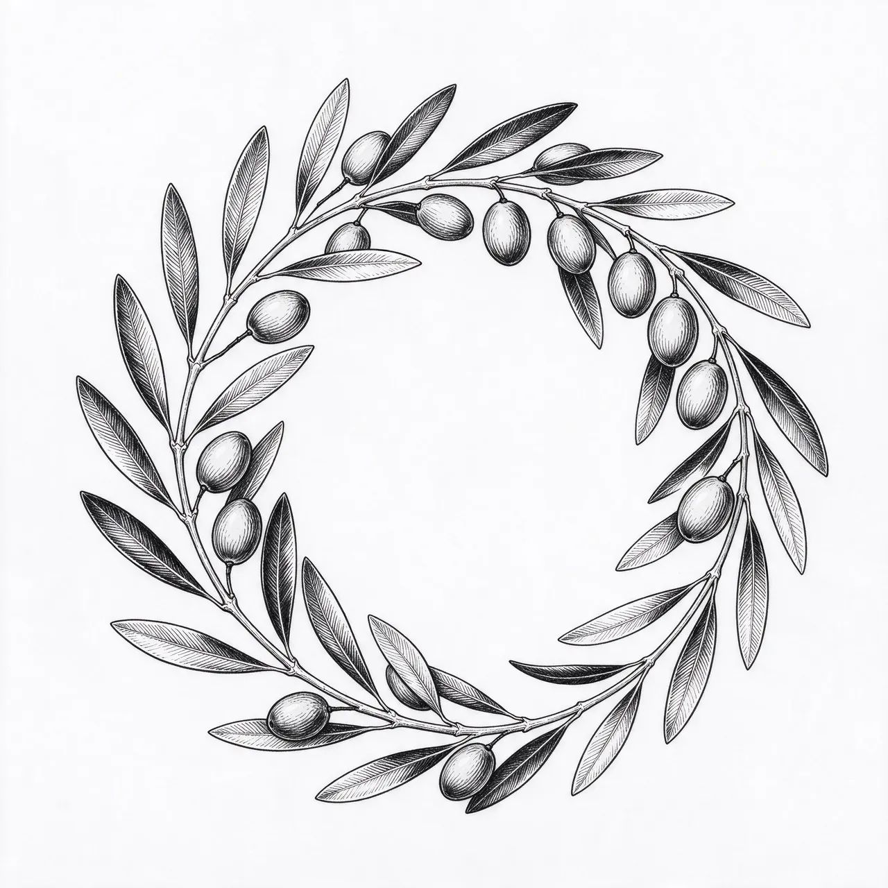 Black ink engraved style olive branch wreath on plain white background
