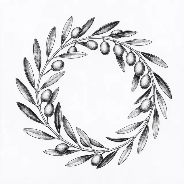 Black ink engraved style olive branch wreath on plain white background