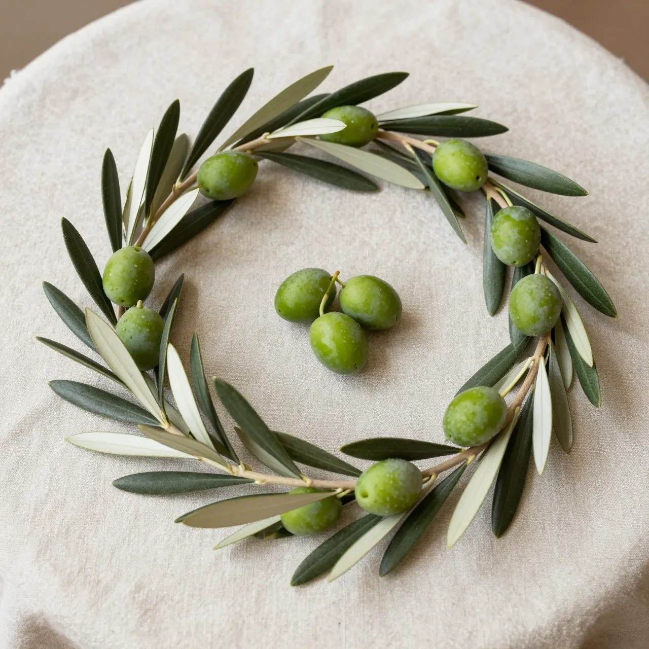 Top-down view of an olive branch wreath with green olives resting on natural linen fabric under soft daylight