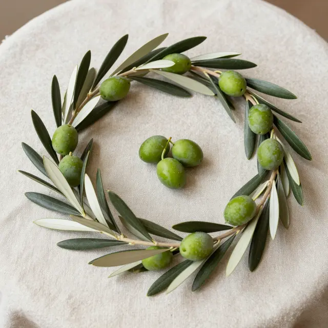 Top-down view of an olive branch wreath with green olives resting on natural linen fabric under soft daylight