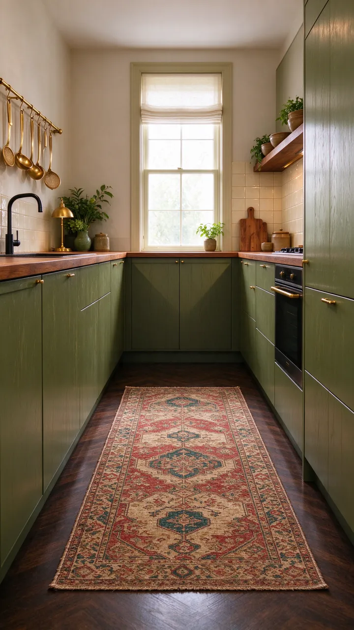 Bright narrow galley kitchen with olive cabinets, brass details, and a patterned vintage runner rug
