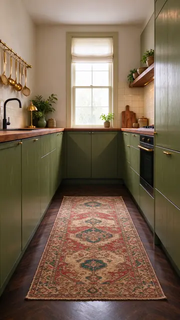 Bright narrow galley kitchen with olive cabinets, brass details, and a patterned vintage runner rug