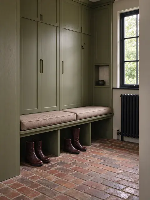 A tidy mudroom with tall olive cabinets, a cushioned bench, leather boots, and a herringbone brick floor beside a window.