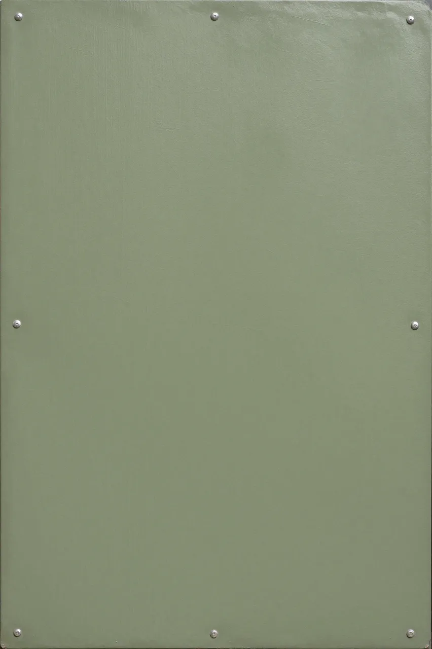 A flat close-up of a smooth olive painted steel panel secured with round metal rivets along its edges