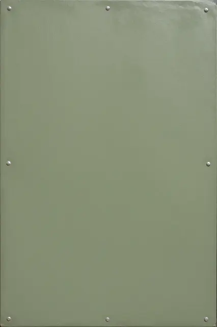 A flat close-up of a smooth olive painted steel panel secured with round metal rivets along its edges
